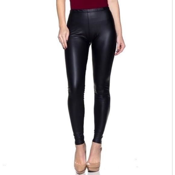 Black Matte Vegan Faux Leather Leggings - Picture 2 of 2